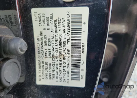 2013 Honda Civic Ex из США, поврежденный, VIN 2HGFB2F87DH505288